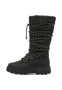 Zwarte geïsoleerde winterlaarzen met dikke zool, gewikkeld met reflecterende zwart-witte veters, midden kuit hoogte, ontworpen voor koud weer.