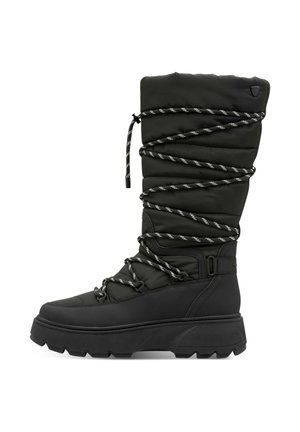 Czarne ocieplane zimowe buty z grubą podeszwą, owinięte odblaskowymi czarno-białymi sznurówkami, o wysokości do połowy łydki, zaprojektowane na zimne dni.