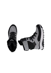 Gray and black weatherproof boots with suede and textile materials; features a high ankle, thick sole, lace-up front, and plush lining.