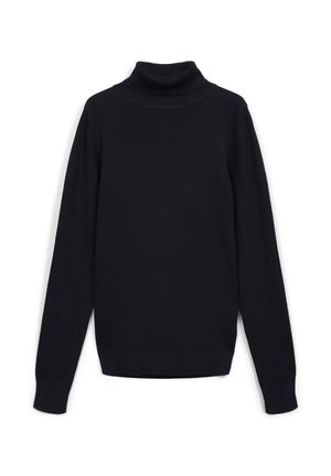 Schwarzer Rollkragenpullover aus weichem Stoff, mit langen Ärmeln und einer figurbetonten Passform, sowie gerippten Bündchen und Saum. Klassische Silhouette.