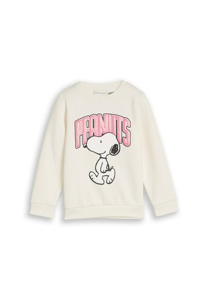Sweater in roomkleur met Snoopy van Peanuts die onder grote roze "PEANUTS"-tekst loopt.