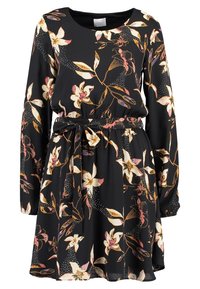 Abito lungo nero a maniche lunghe con un motivo floreale rosa, bianco e arancione, scollatura rotonda e cintura in tessuto abbinata annodata in vita.