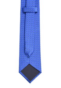 Cravatta in seta blu con piccoli pois bianchi e neri, con punta appuntita e un lato scuro texturizzato. Presenta un’asola per un’agevole conservazione.