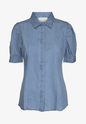 Hele helesinine denimist pluus, millel on lühikesed puffvarrukad, terav krae ja nööbid, millel on veidi kohandatud istuvus ja pehme tekstuur.