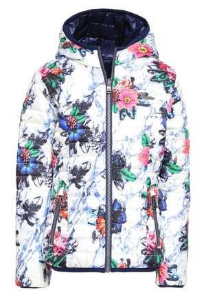 Veste matelassée blanche à capuche avec imprimé floral bleu, rose et orange, fermeture éclair à l'avant et poches latérales zippées.