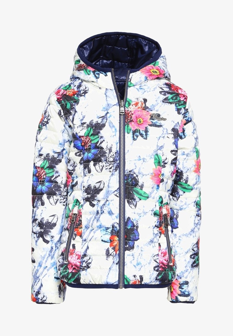 Veste matelassée blanche à capuche avec imprimé floral bleu, rose et orange, fermeture éclair à l'avant et poches latérales zippées.