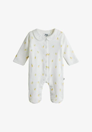Body blanc pour bébé à manches longues, avec boutons-pression sur le devant et les jambes, imprimés de petits citrons jaunes dispersés, et col arrondi.