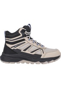 Stivali da hiking impermeabili in beige e nero, con una parte superiore testurizzata, design che sostiene la caviglia, dettagli riflettenti e suola robusta.