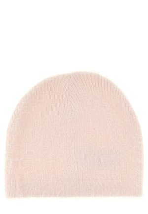 Helles rosa Beanie aus weichem, fuzzy Strickmaterial. Verfügt über eine abgerundete Oberseite und leicht ausgefranste Kanten, geeignet für den Alltag.