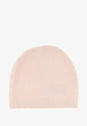 Lichtroze beanie gemaakt van zachte, pluizige breimateriaal. Heeft een afgeronde top en iets rafelige randen, geschikt voor casual dragen.