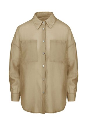 Camicia beige con bottoni realizzata in tessuto leggero, caratterizzata da un colletto classico, due tasche frontali e una vestibilità comoda con maniche lunghe.
