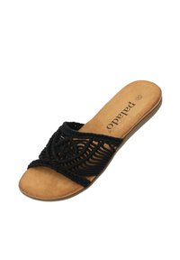 Svart vävd slidesandal med intrikat makramé-design, tan faux mockafotsäng och en flexibel sula. Idealisk för avslappnad användning.