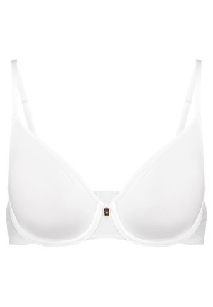 Weißer BH mit Unterwire, aus glattem Stoff, leicht gepolsterten Cups, verstellbaren Trägern und einem kleinen goldenen Akzent in der Mitte.