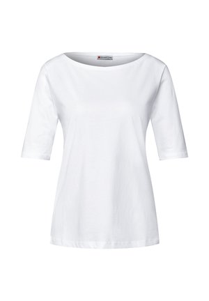 Hvid bomulds T-shirt med bred udskæring og ærmer, der går til skuldrene. Stoffet er blødt, har en afslappet pasform og ingen mønstre eller detaljer.