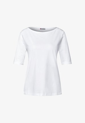 Hvid bomulds T-shirt med bred udskæring og ærmer, der går til skuldrene. Stoffet er blødt, har en afslappet pasform og ingen mønstre eller detaljer.