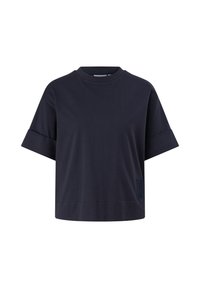 T-shirt cropped blu navy con scollatura rotonda, maniche corte e dettaglio logo testurizzato sul davanti. Realizzato in morbido cotone.