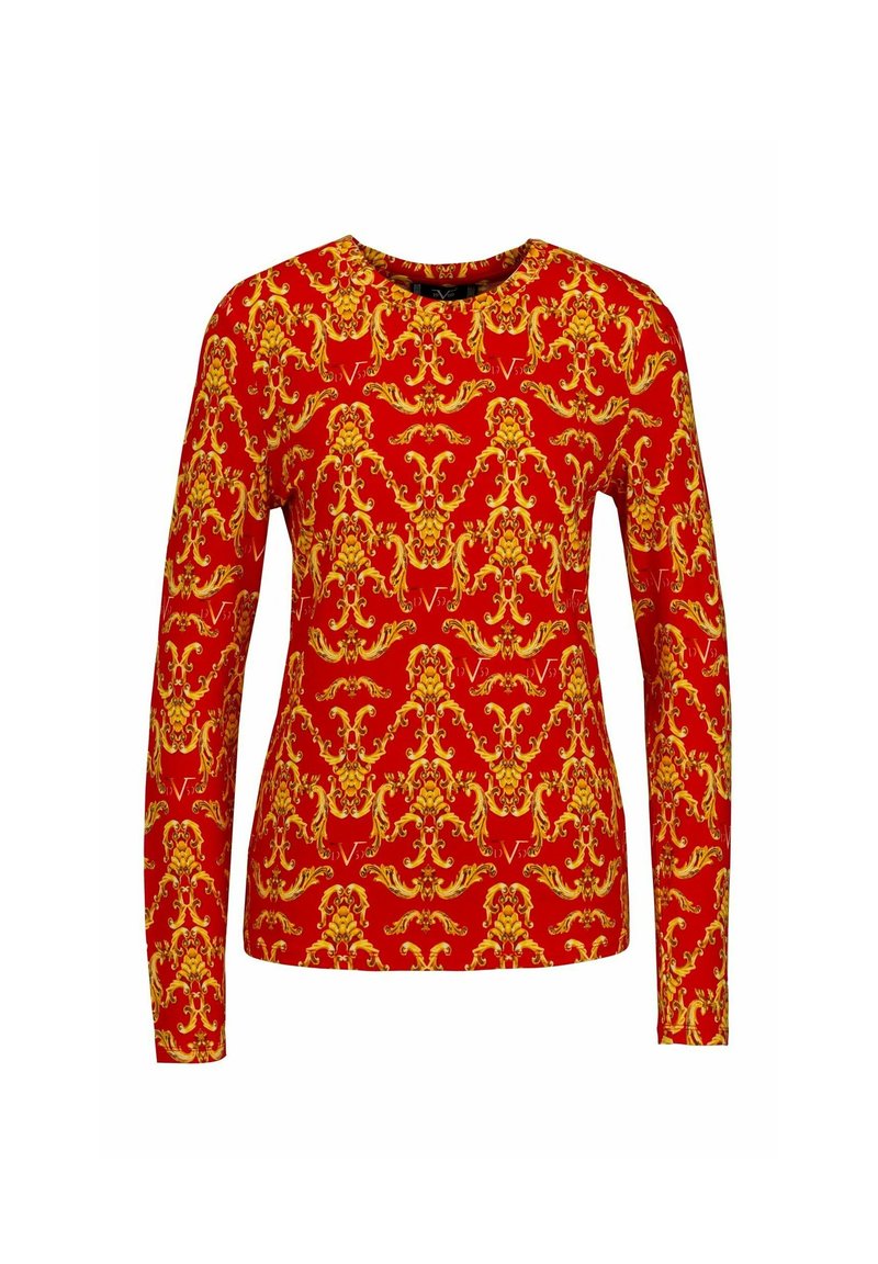 Rotes Langarmhemd mit einem aufwendigen gelben Muster, das aus komplexen Designs und Akzenten besteht, glatter Textur und rundem Ausschnitt.