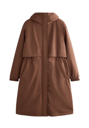 Brown, hooded long coat made from smooth fabric. Features elasticized cuffs, side pockets, and a cinched waist for adjustable fit.