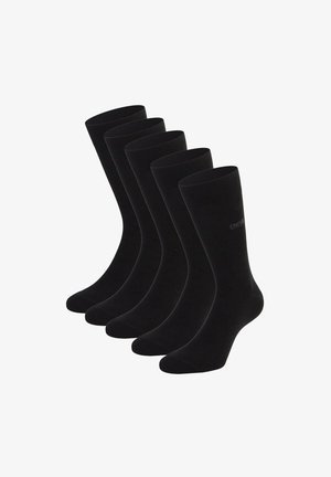 Schwarze Baumwollsocken im Fünferpack mit glatter Textur, mittlerer Länge bis zur Wade und dezentem Branding an der Seite. Keine Muster oder Akzente.