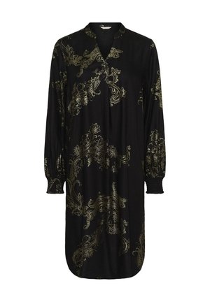 Black long-sleeve midi dress with gold ornate floral patterns, a V-neck, and elasticized cuffs.