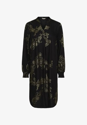Black long-sleeve midi dress with gold ornate floral patterns, a V-neck, and elasticized cuffs.