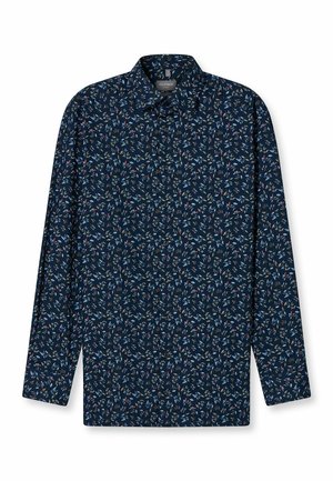 Marineblaues Hemd mit floralen Mustern in kleinen blauen und roten Blumen. Es hat einen klassischen Kragen und lange Ärmel.