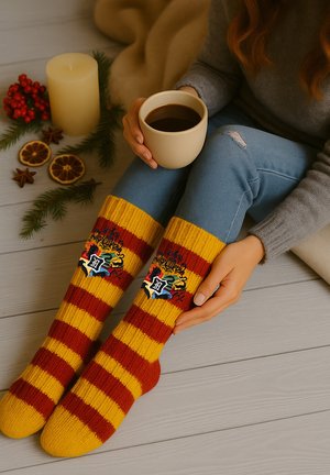 Calze a righe rosse e gialle lavorate a maglia, con un crest ricamato sul polsino. I jeans azzurri e un maglione neutro completano il look.