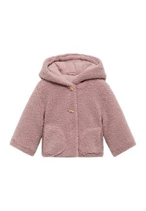 Manteau à capuche rose poudré pour tout-petit, en tissu polaire texturé, avec deux poches devant et deux boutons bascule en bois.