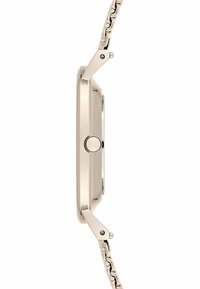 Roségoldene Metalluhr mit flachem, rundem Gehäuse, schlankem Profil und aufwändigem Gliedarmband. Verfügt über eine zentrale Krone und minimalistisches Design.