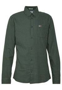 Camisa de botones a cuadros en verde y azul marino, de manga larga, con un solo bolsillo en el pecho, cuello y detalle de marca contrastante en el bolsillo. Tejido de mezcla de algodón.