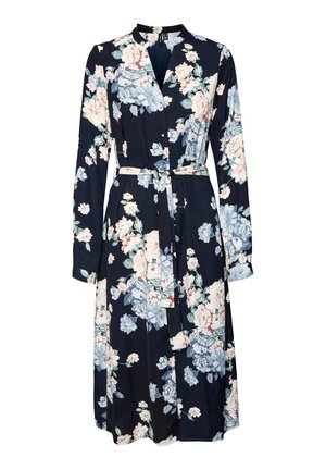 Vestido midi azul marino de manga larga con estampado floral en rosa y azul claro, y cinturón a juego de la misma tela en la cintura.