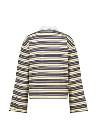 Pitkähihaisen paidan takaosa, jossa vuorottelevat mustat ja vaaleankeltaiset vaakasuorat raidat sekä valkoinen kaulus.