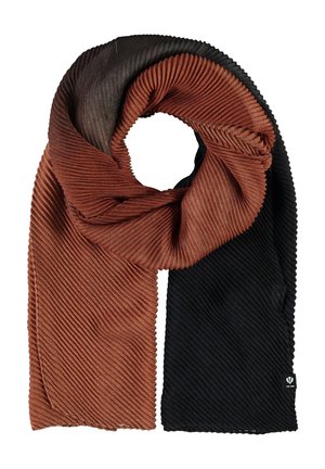 Écharpe rayée marron et noire avec une texture côtelée, présentant un design à division égale et une petite étiquette logo à une extrémité.