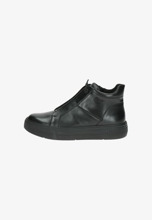 Schwarze Leder-Sneaker in Knöchelhöhe mit seitlichem Reißverschluss, strukturiertem Obermaterial und einer dicken schwarzen Gummisohle mit horizontalen Rillen.
