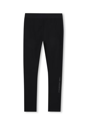 Leggings noirs longueur totale avec taille élastique et petit texte vertical "Karl Lagerfeld" sur la jambe inférieure droite.