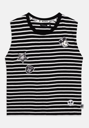 Schwarz-weiß gestreiftes ärmelloses Oberteil mit Mickey-Mouse-Gesicht, Stern und den Aufnähern "Legendär seit 1928" auf der Vorderseite.