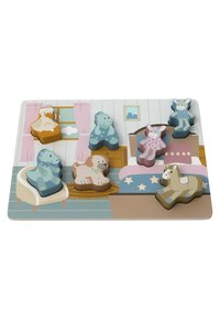 Wooden puzzle featuring eight animal pieces in pastel colors: bear, dog, cat, horse, and duck. Includes a scene with furniture and patterns.