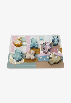 Wooden puzzle featuring eight animal pieces in pastel colors: bear, dog, cat, horse, and duck. Includes a scene with furniture and patterns.