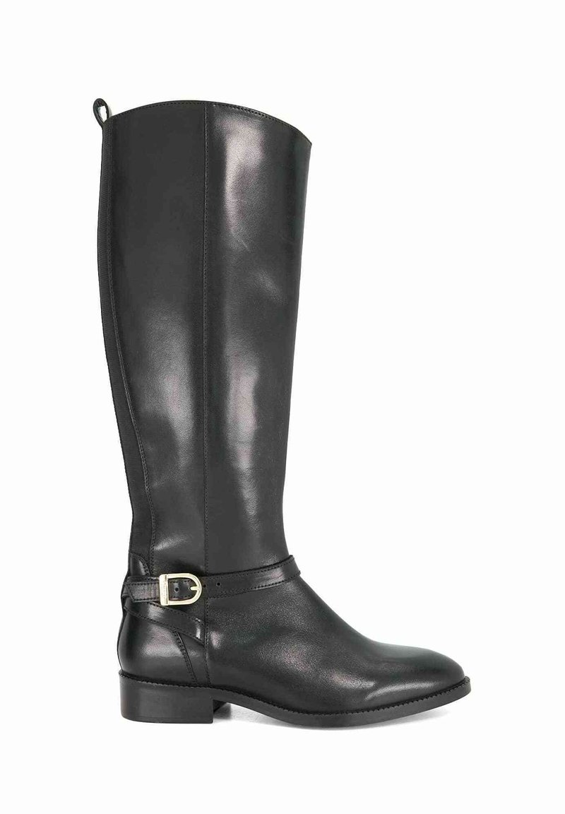 Knee-high black leather boots with a smooth texture, featuring a gold-tone buckle accent at the ankle and a low block heel design.