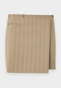Beige skjørt med vertikale hvite striper, laget av et teksturert stoff. Har en frontlapp og en baklomme med en knappdetalj.