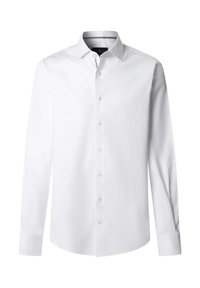 Weiße Langarmbluse aus glattem Stoff, mit klassischem Kragen und durchgehender Knopfleiste. Verfügt über Knopfmanschetten und einen abgerundeten Saum.