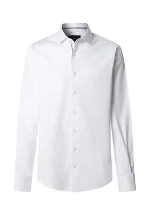 Camicia bianca a maniche lunghe realizzata in tessuto liscio, con colletto classico e chiusura frontale con bottoni. Presenta polsini con bottoni e orlo arrotondato.