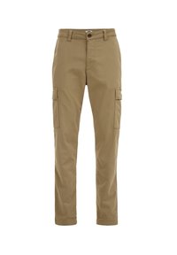 Beige cargo nadrág, amely pamutkeverék anyagból készült. Két oldalzsebbel és egyenes lábformával rendelkezik. Klasszikus gombos záródás a deréknál.