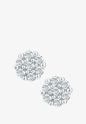 Apaļas stud auskari ar klastera dizainu, kas veidoti no caurspīdīgiem apaļiem mākslīgiem dimantiem un sudraba pērlēm, viss iestiprināts pulētā metāla bāzē.
