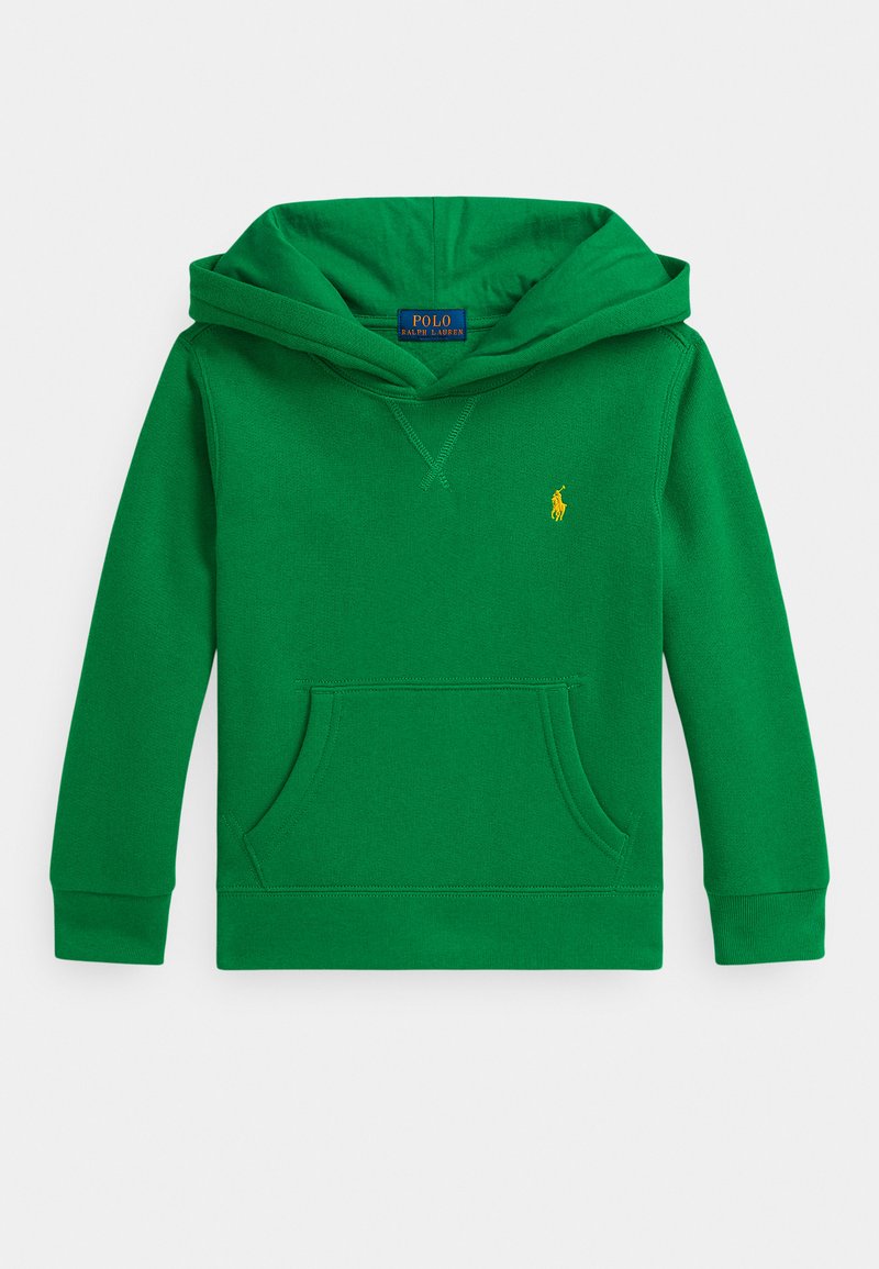 Zaļš džemperis ar kapuci no mīksta auduma, ar priekšējo kabatu, ribotām aprocēm un kapuci ar auklu. Mazs dzeltens logo uz krūtīm.