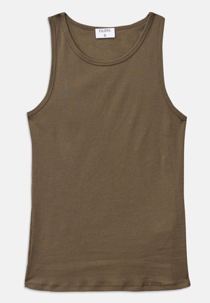 Olive green ribbed tank top with a round neckline and wide armholes, made from a soft cotton blend for a comfortable fit.