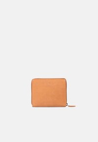 Tan leather wallet with a smooth texture, rectangular shape, and contrasting stitching. Features a zipper closure and a small pull tab.