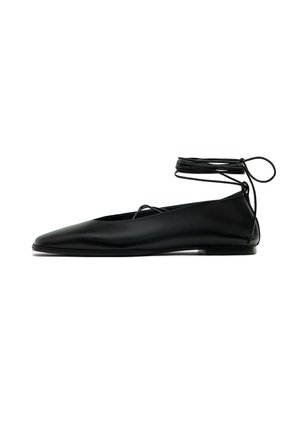 Black flat shoe with a pointed toe, made of smooth leather, featuring ankle ties and a minimalistic design with a low profile.