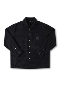 Black checkered long-sleeve shirt with a button-down collar, front pocket, and copper-button detailing. Soft fabric with a textured finish.