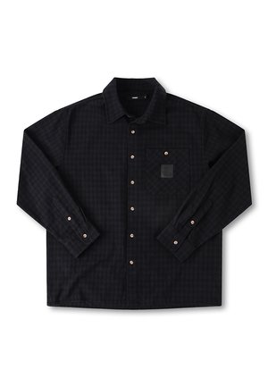 Black checkered long-sleeve shirt with a button-down collar, front pocket, and copper-button detailing. Soft fabric with a textured finish.